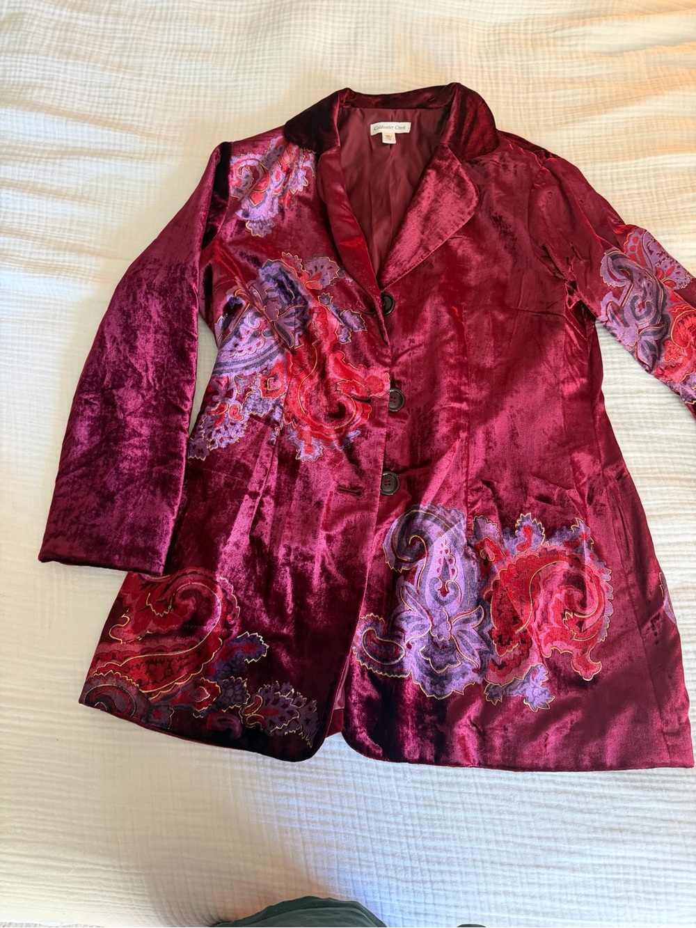 Coldwater Creek Burgundy Velvet Blazer with Paisley Embroidery